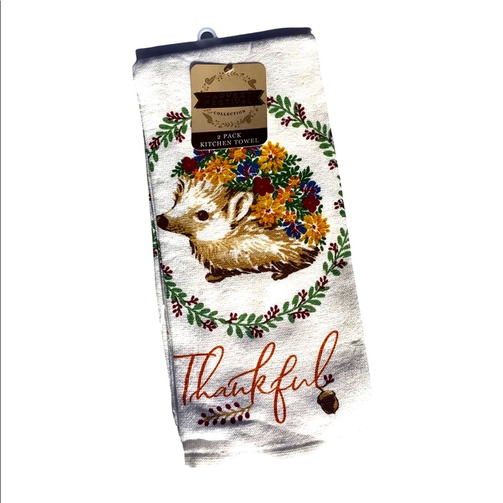 Mainstream Harvest Festival Thankful Hedgehog Cotton Kitchen Towels, 2 ct